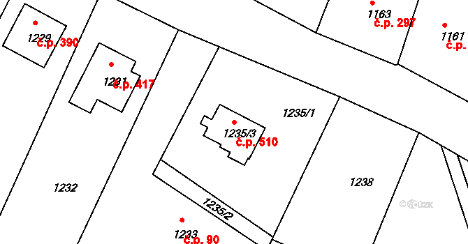 Štípa 510, Zlín na parcele st. 1235/3 v KÚ Štípa, Katastrální mapa