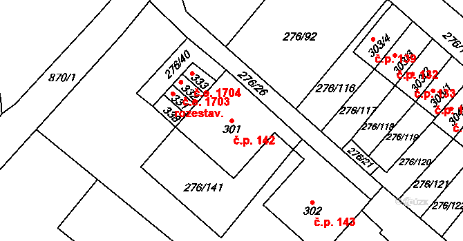 Děčín XXVII-Březiny 142, Děčín na parcele st. 301 v KÚ Březiny u Děčína, Katastrální mapa
