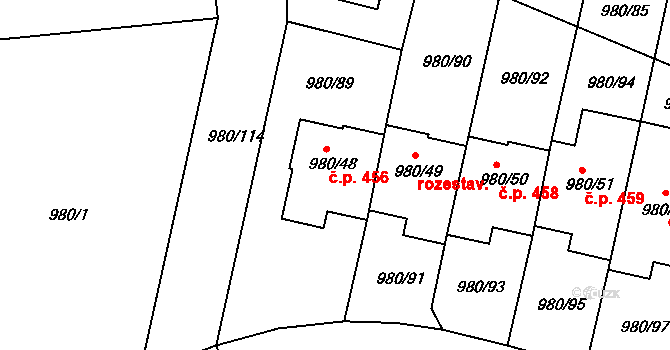 Písnice 456, Praha na parcele st. 980/48 v KÚ Písnice, Katastrální mapa