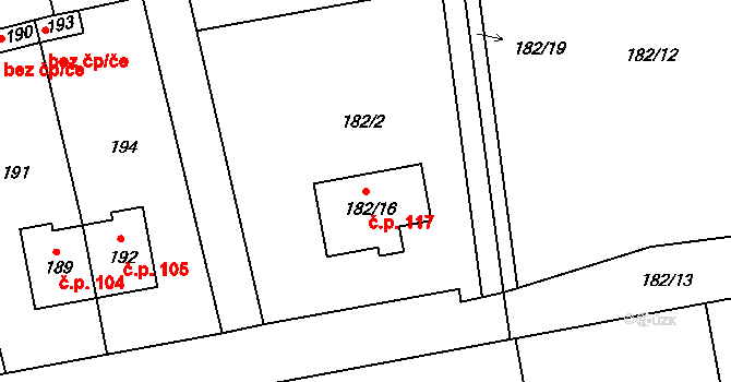 Štolmíř 117, Český Brod na parcele st. 182/16 v KÚ Štolmíř, Katastrální mapa