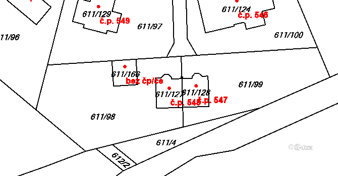 Srubec 548 na parcele st. 611/127 v KÚ Srubec, Katastrální mapa