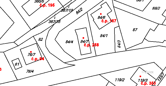 Rebešovice 258 na parcele st. 84/7 v KÚ Rebešovice, Katastrální mapa