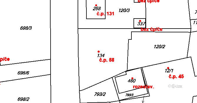 Škrdlovice 58 na parcele st. 134 v KÚ Škrdlovice, Katastrální mapa