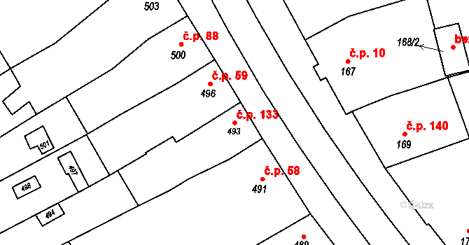 Milešovice 133 na parcele st. 493 v KÚ Milešovice, Katastrální mapa