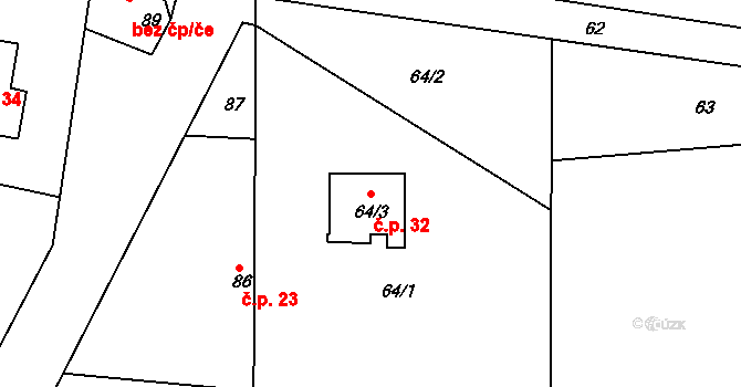 Vrbka 32, Služovice na parcele st. 64/3 v KÚ Vrbka u Opavy, Katastrální mapa