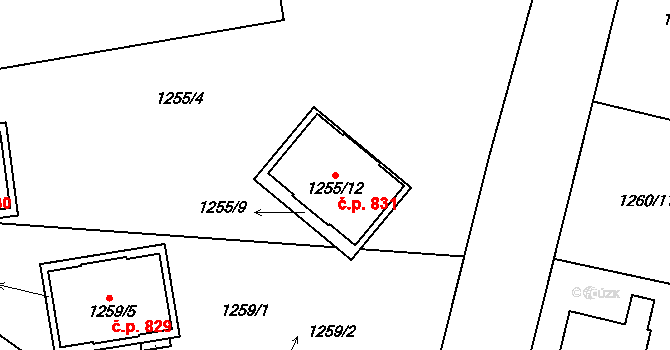 Tlučná 831 na parcele st. 1255/12 v KÚ Tlučná, Katastrální mapa