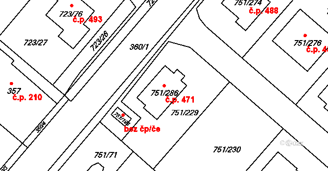 Koloděje 471, Praha na parcele st. 751/286 v KÚ Koloděje, Katastrální mapa