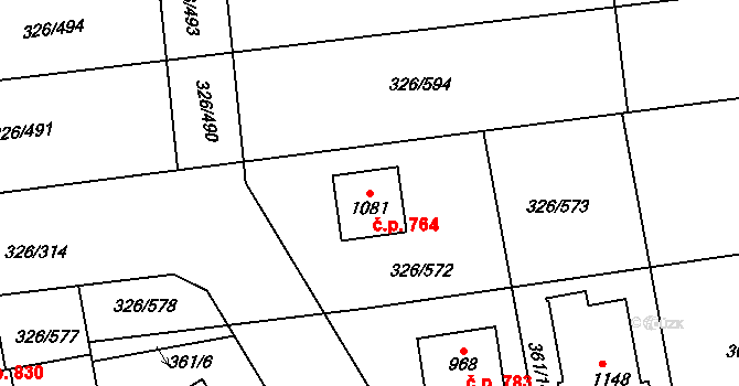 Nehvizdy 764 na parcele st. 1081 v KÚ Nehvizdy, Katastrální mapa