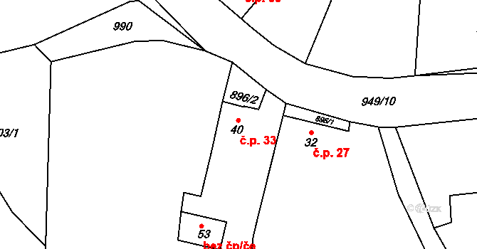 Radejčín 33, Řehlovice na parcele st. 40 v KÚ Radejčín, Katastrální mapa