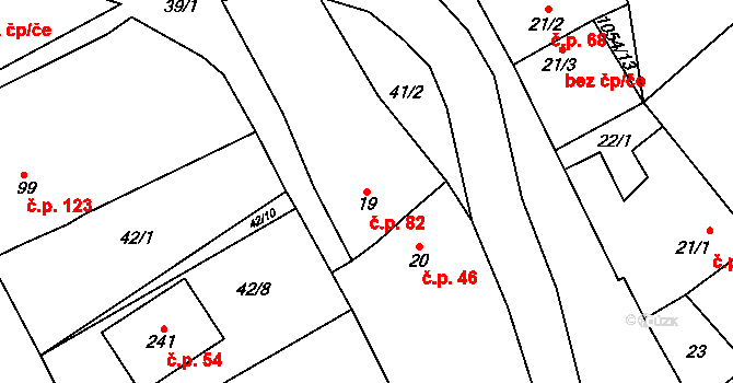 Střelice 82 na parcele st. 19 v KÚ Střelice u Jevišovic, Katastrální mapa