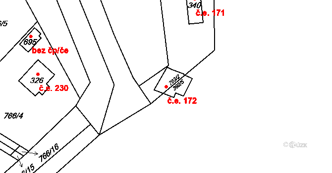 Zahořany 172, Okrouhlo na parcele st. 763/2 v KÚ Okrouhlo, Katastrální mapa