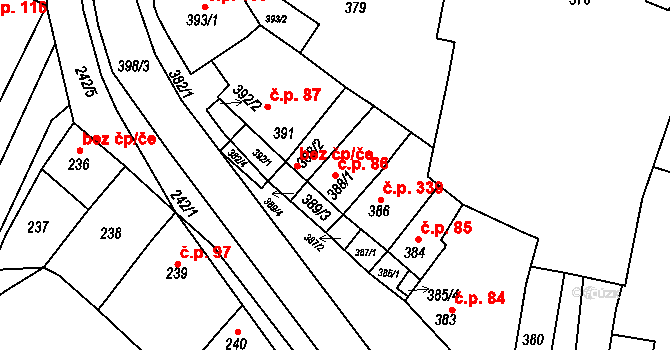 Hrušovany u Brna 86 na parcele st. 388/1 v KÚ Hrušovany u Brna, Katastrální mapa