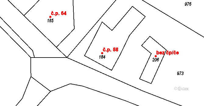 Sekerkovy Loučky 58, Mírová pod Kozákovem na parcele st. 184 v KÚ Sekerkovy Loučky, Katastrální mapa
