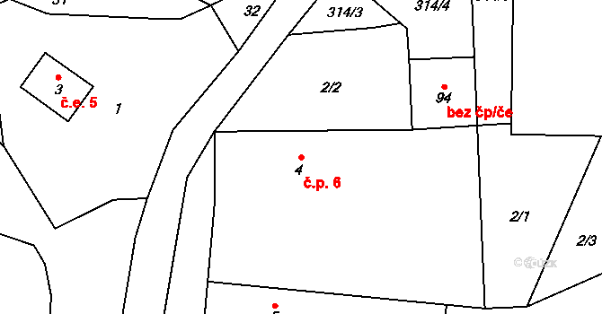 Horní Nezly 6, Liběšice na parcele st. 4 v KÚ Horní Nezly, Katastrální mapa