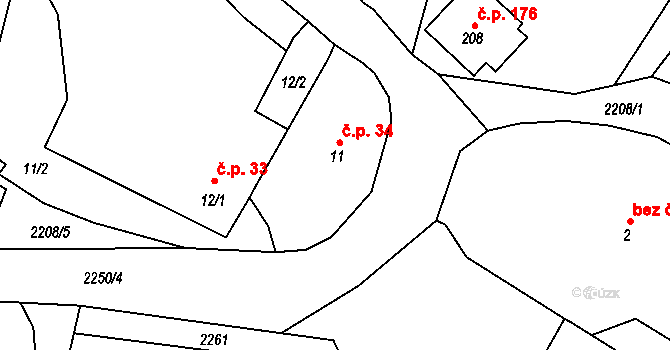 Rudíkov 34 na parcele st. 11 v KÚ Rudíkov, Katastrální mapa