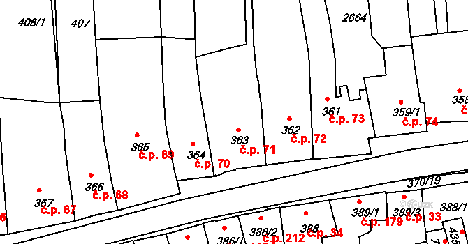 Stařečka 71, Třebíč na parcele st. 363 v KÚ Třebíč, Katastrální mapa