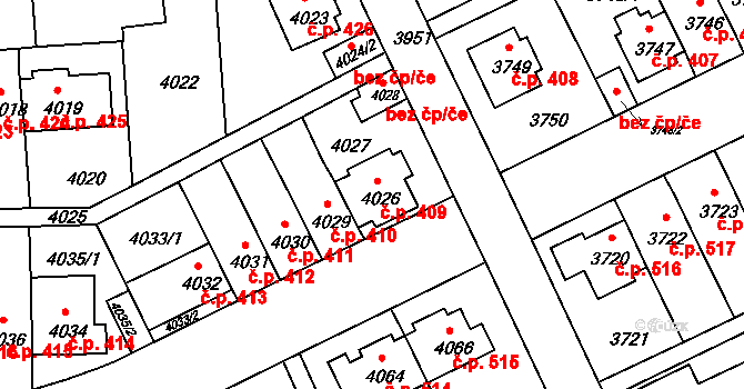 Záběhlice 409, Praha na parcele st. 4026 v KÚ Záběhlice, Katastrální mapa