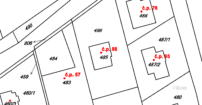 Chlum 58, Nalžovice na parcele st. 485 v KÚ Nalžovice, Katastrální mapa