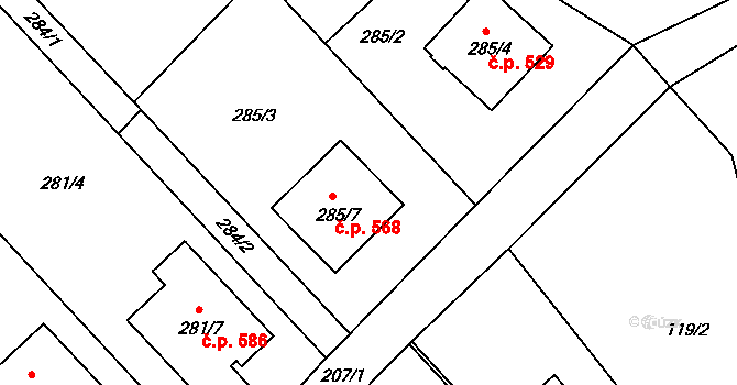 Bartovice 568, Ostrava na parcele st. 285/7 v KÚ Bartovice, Katastrální mapa