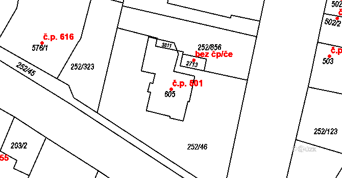 Rosice 501 na parcele st. 605 v KÚ Rosice u Brna, Katastrální mapa