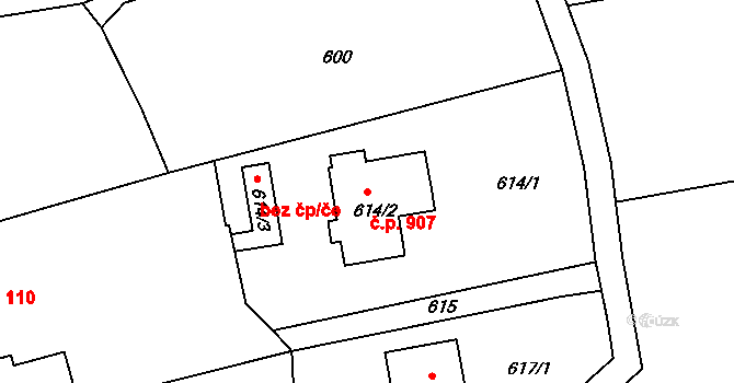 Bludov 907 na parcele st. 614/2 v KÚ Bludov, Katastrální mapa