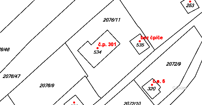 Ledce 301 na parcele st. 534 v KÚ Ledce u Plzně, Katastrální mapa
