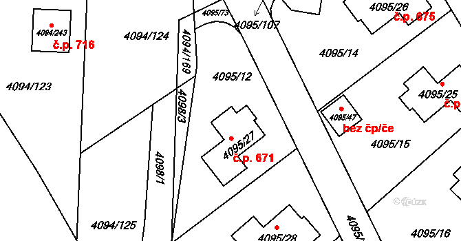 Hlouška 671, Kutná Hora na parcele st. 4095/27 v KÚ Kutná Hora, Katastrální mapa