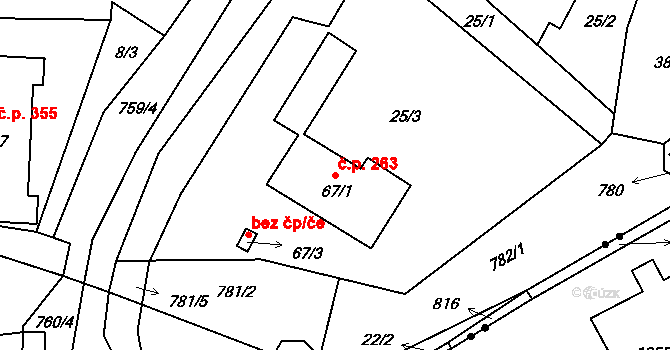 Dobronín 263 na parcele st. 67/1 v KÚ Střelecká, Katastrální mapa