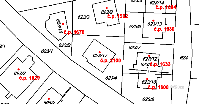 Roztoky 2100 na parcele st. 623/17 v KÚ Roztoky u Prahy, Katastrální mapa