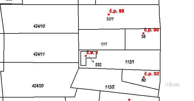 Křinec 1 na parcele st. 532 v KÚ Křinec, Katastrální mapa