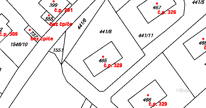 Ryžoviště 328 na parcele st. 465 v KÚ Ryžoviště, Katastrální mapa