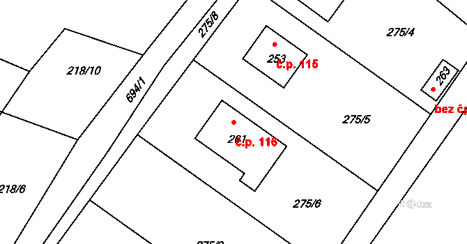 Rodvínov 116 na parcele st. 261 v KÚ Rodvínov, Katastrální mapa
