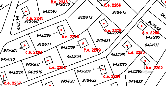 Velká Chuchle 2269, Praha na parcele st. 943/269 v KÚ Velká Chuchle, Katastrální mapa