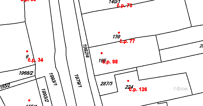 Louky 98, Zlín na parcele st. 165 v KÚ Louky nad Dřevnicí, Katastrální mapa