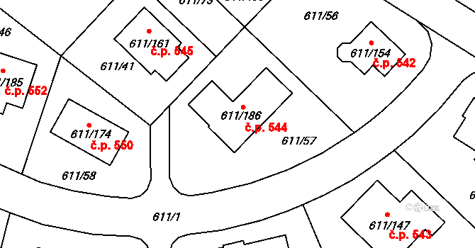 Srubec 544 na parcele st. 611/186 v KÚ Srubec, Katastrální mapa