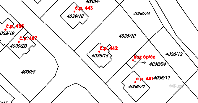 Choceňské Předměstí 442, Vysoké Mýto na parcele st. 4036/18 v KÚ Vysoké Mýto, Katastrální mapa