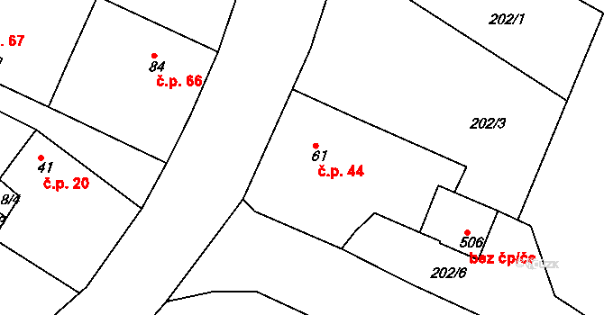 Byškovice 44, Neratovice na parcele st. 61 v KÚ Byškovice, Katastrální mapa