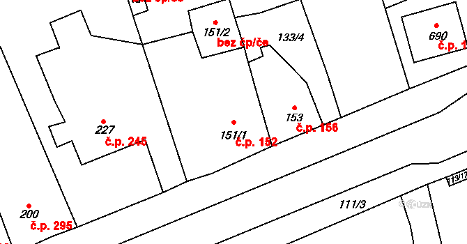 Rudná 152 na parcele st. 151/1 v KÚ Dušníky u Rudné, Katastrální mapa