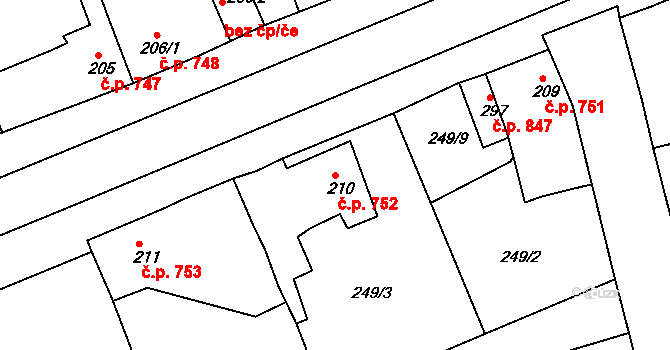 Rudná 752 na parcele st. 210 v KÚ Hořelice, Katastrální mapa