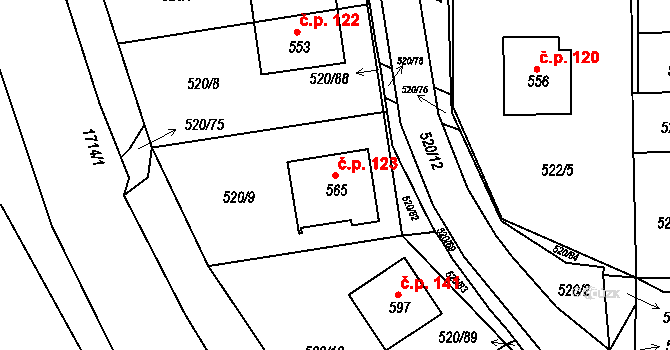 Trhanov 123 na parcele st. 565 v KÚ Trhanov, Katastrální mapa