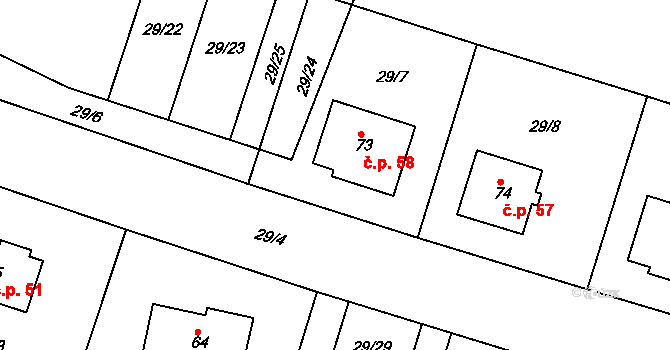 Mokošín 58 na parcele st. 73 v KÚ Mokošín, Katastrální mapa