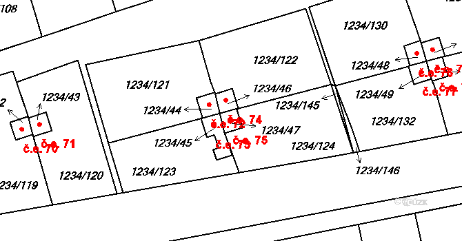 Vejprnice 75 na parcele st. 1234/47 v KÚ Vejprnice, Katastrální mapa