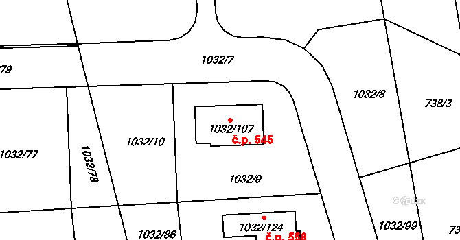 Senec 545, Zruč-Senec na parcele st. 1032/107 v KÚ Senec u Plzně, Katastrální mapa
