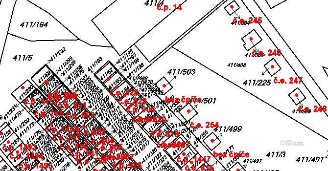 Ráj 255, Karviná na parcele st. 411/503 v KÚ Ráj, Katastrální mapa