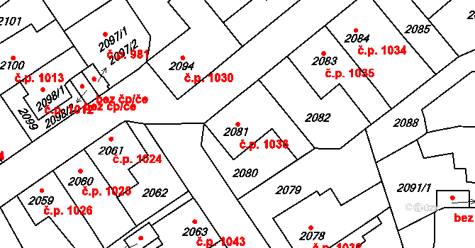 Louny 1036 na parcele st. 2081 v KÚ Louny, Katastrální mapa