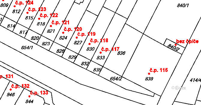 Rychlov 117, Bystřice pod Hostýnem na parcele st. 833 v KÚ Rychlov u Bystřice pod Hostýnem, Katastrální mapa