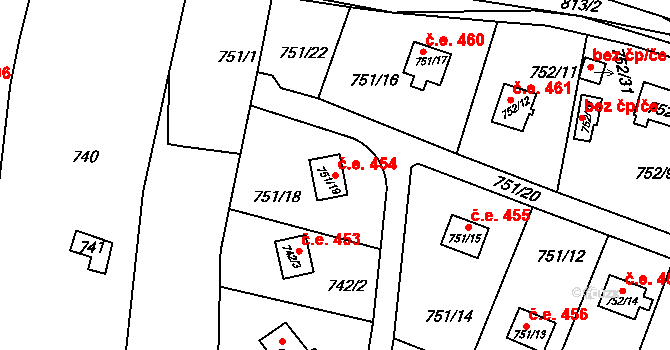 Nebovidy 454 na parcele st. 751/19 v KÚ Nebovidy u Brna, Katastrální mapa