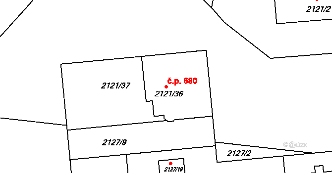 Vacenovice 680 na parcele st. 2121/36 v KÚ Vacenovice u Kyjova, Katastrální mapa