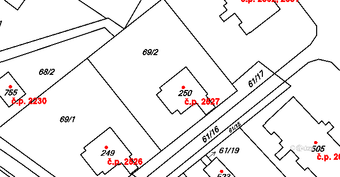 Šumperk 2527 na parcele st. 250 v KÚ Dolní Temenice, Katastrální mapa