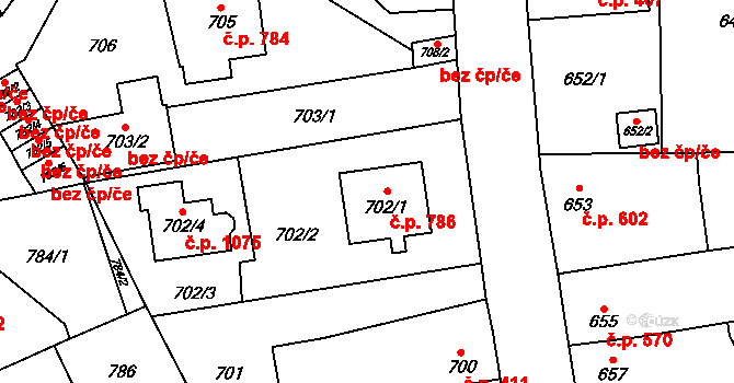Kosmonosy 786 na parcele st. 702/1 v KÚ Kosmonosy, Katastrální mapa
